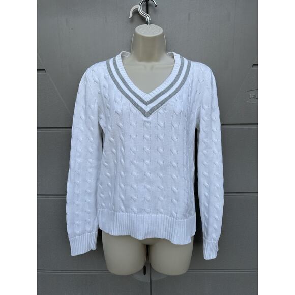 Ralph Lauren L-RL Women’s Cable Knit Sweater White Cotton V Neck Preppy Tennis L - Picture 4 of 10